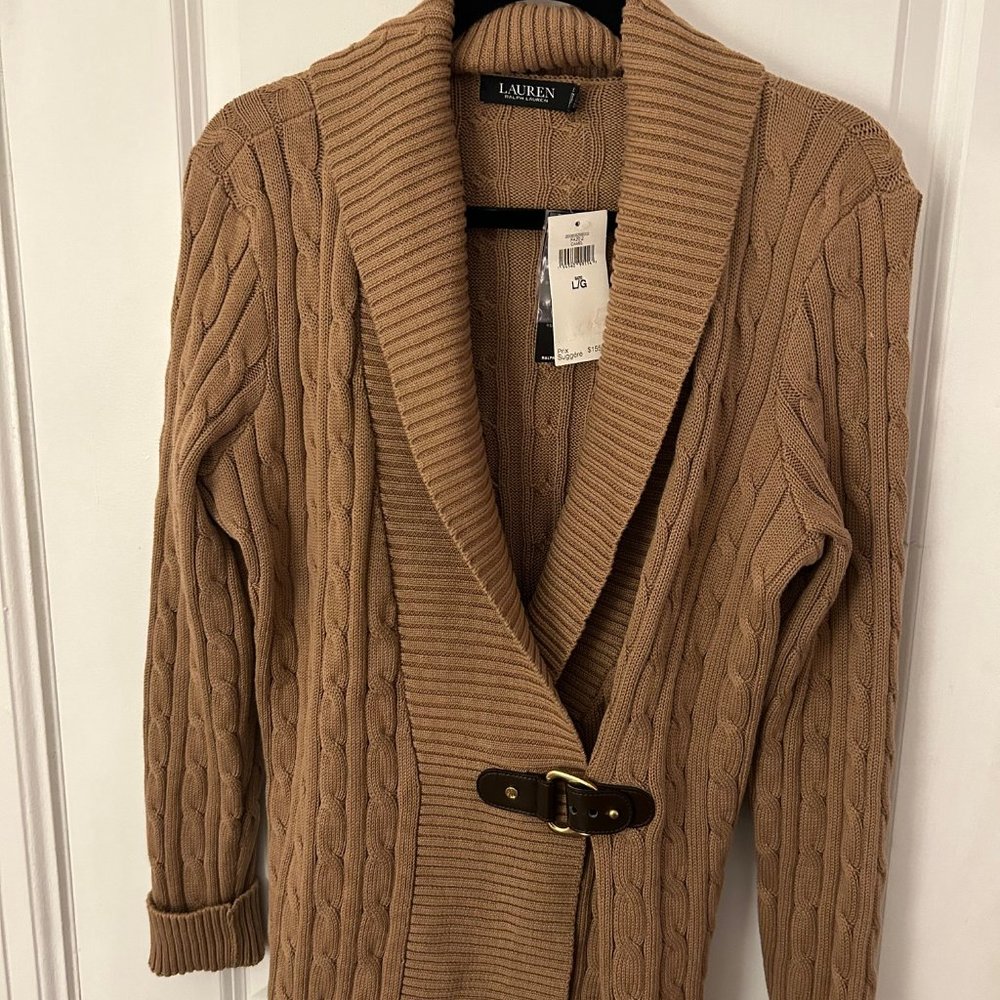 LAUREN Ralph Lauren Camel Cable-Knit Shawl Cardigan